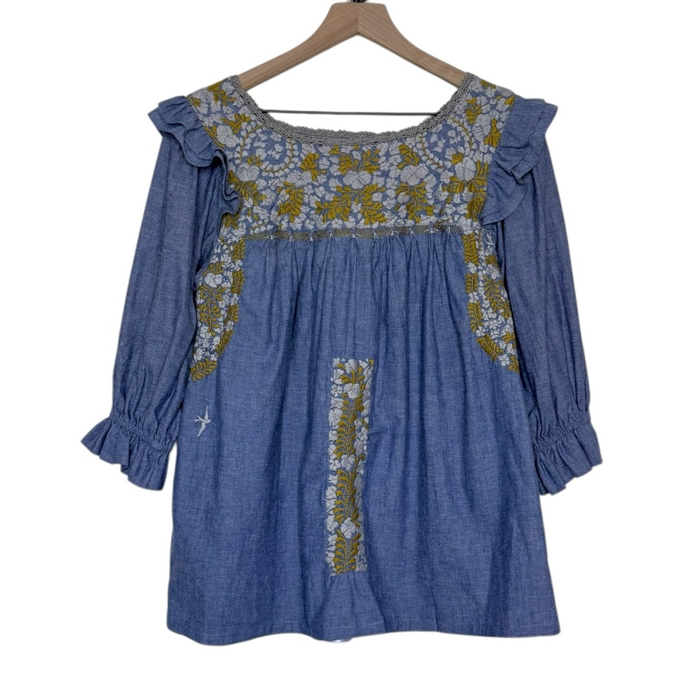Mi Golondrina Embroidered Floral Bird Ruffled 3/4 Sleeve Top Small Peasant Boho